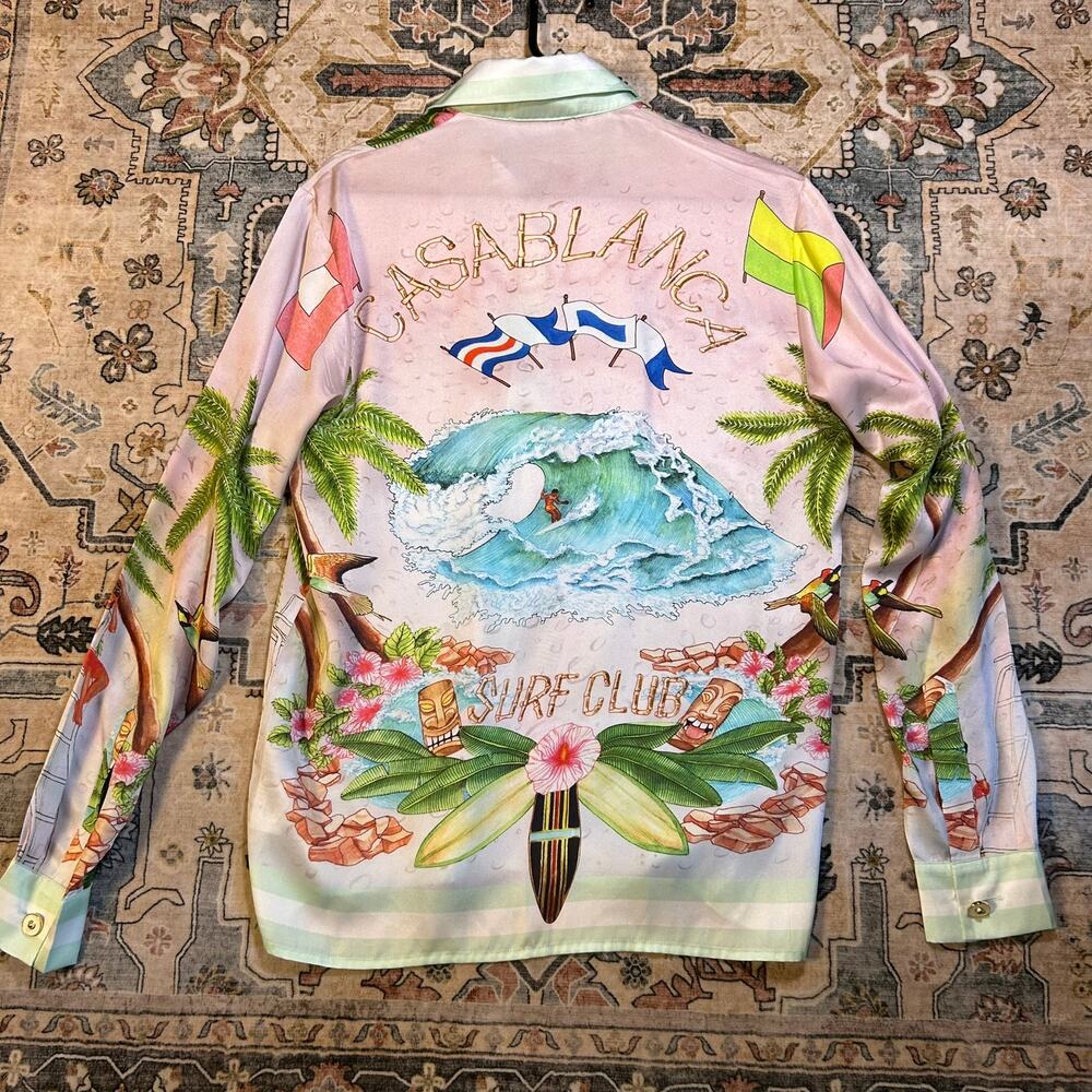 Casablanca Tennis Club Silk Printed Long Sleeve button shirt beach sunset Large